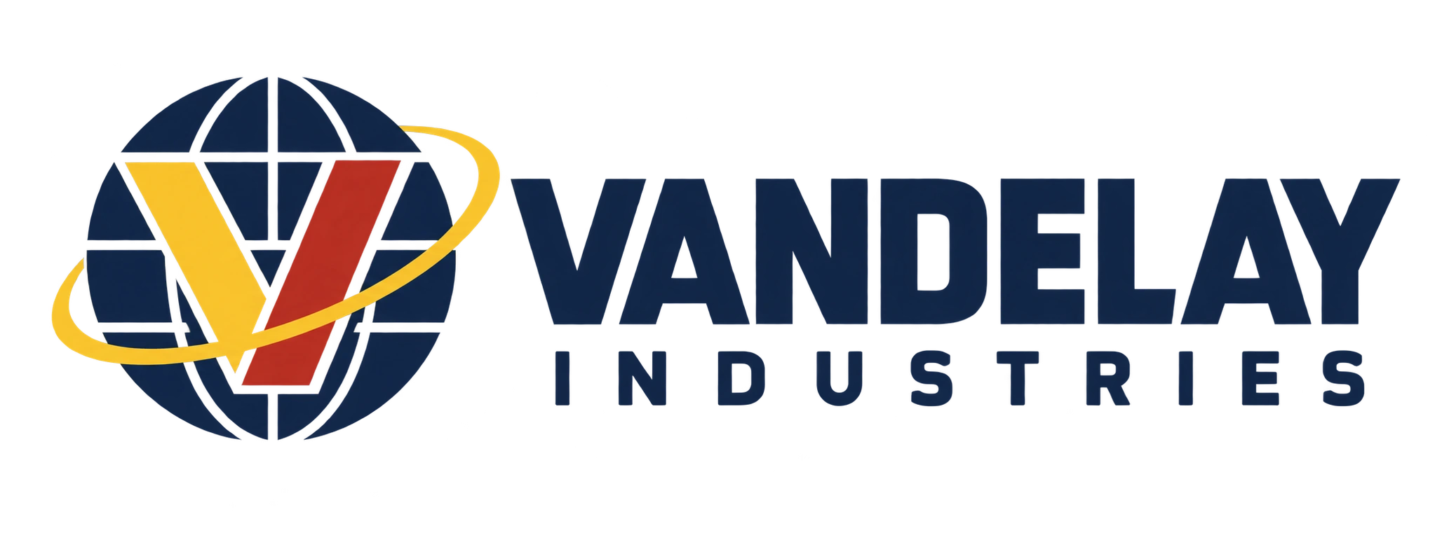 Vandelay Industries — a gold and red V encircled by a global orbit